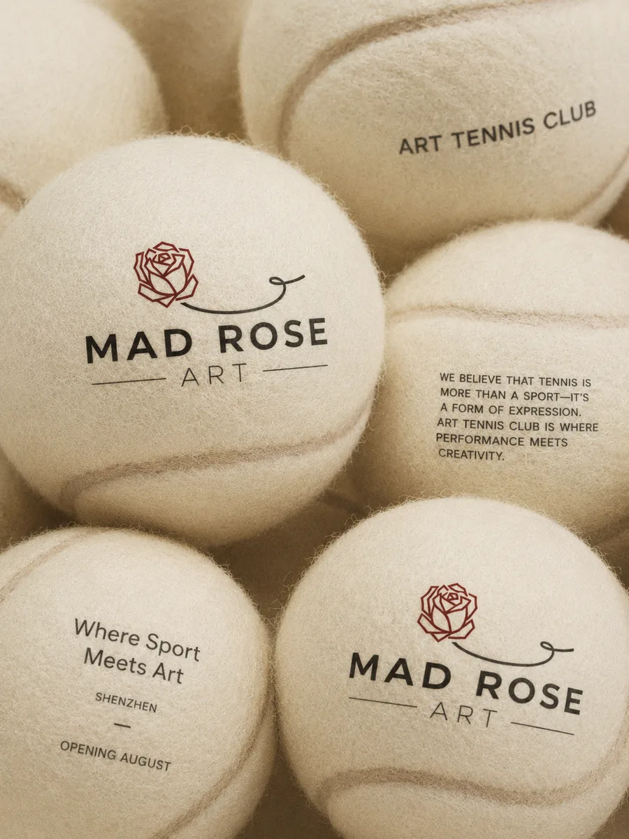 印有 Mad Rose Art 品牌与艺术宣言的网球装置